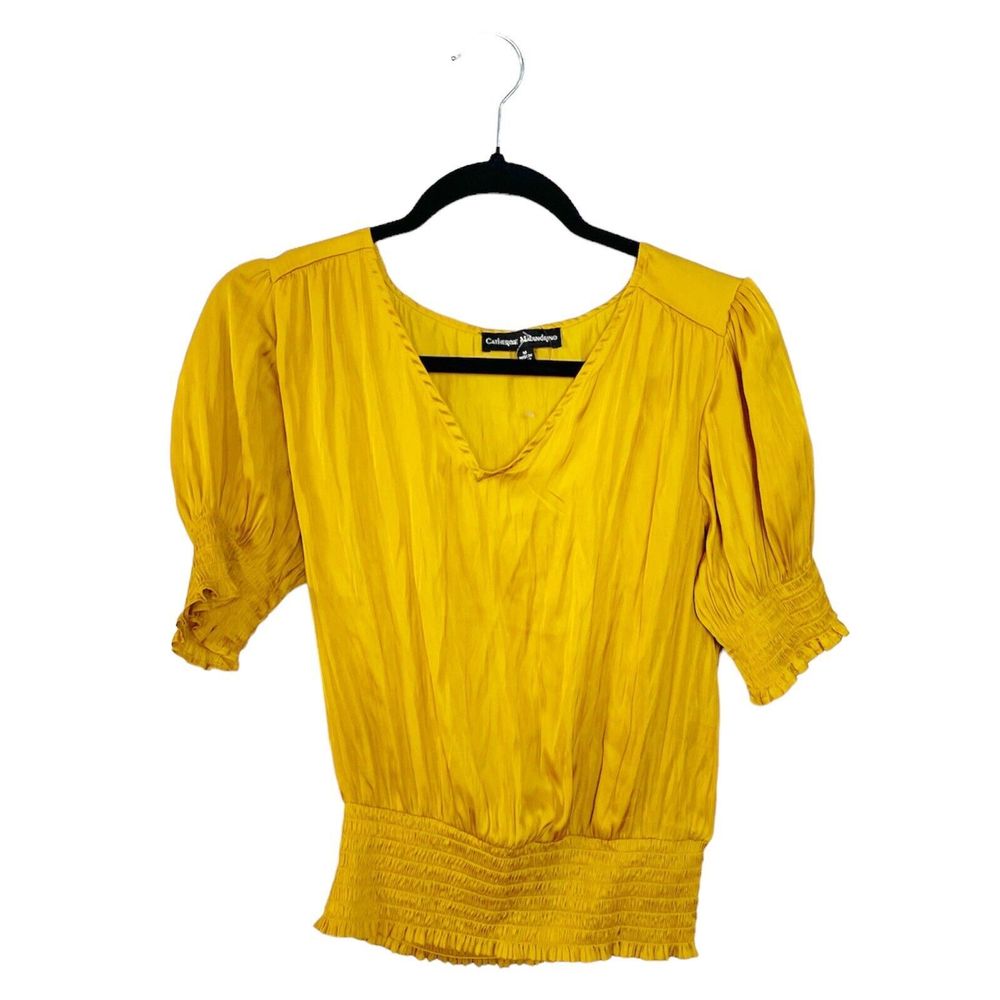 Catherine Malandrino Mustard 3/4 Sleeves Blouse V-neck Satin Like Medium